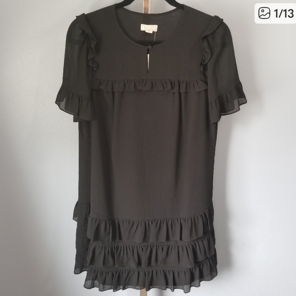 J. Crew Point Sur Black Tiered Ruffle Short Sleeve Drop Waist Mini Dress